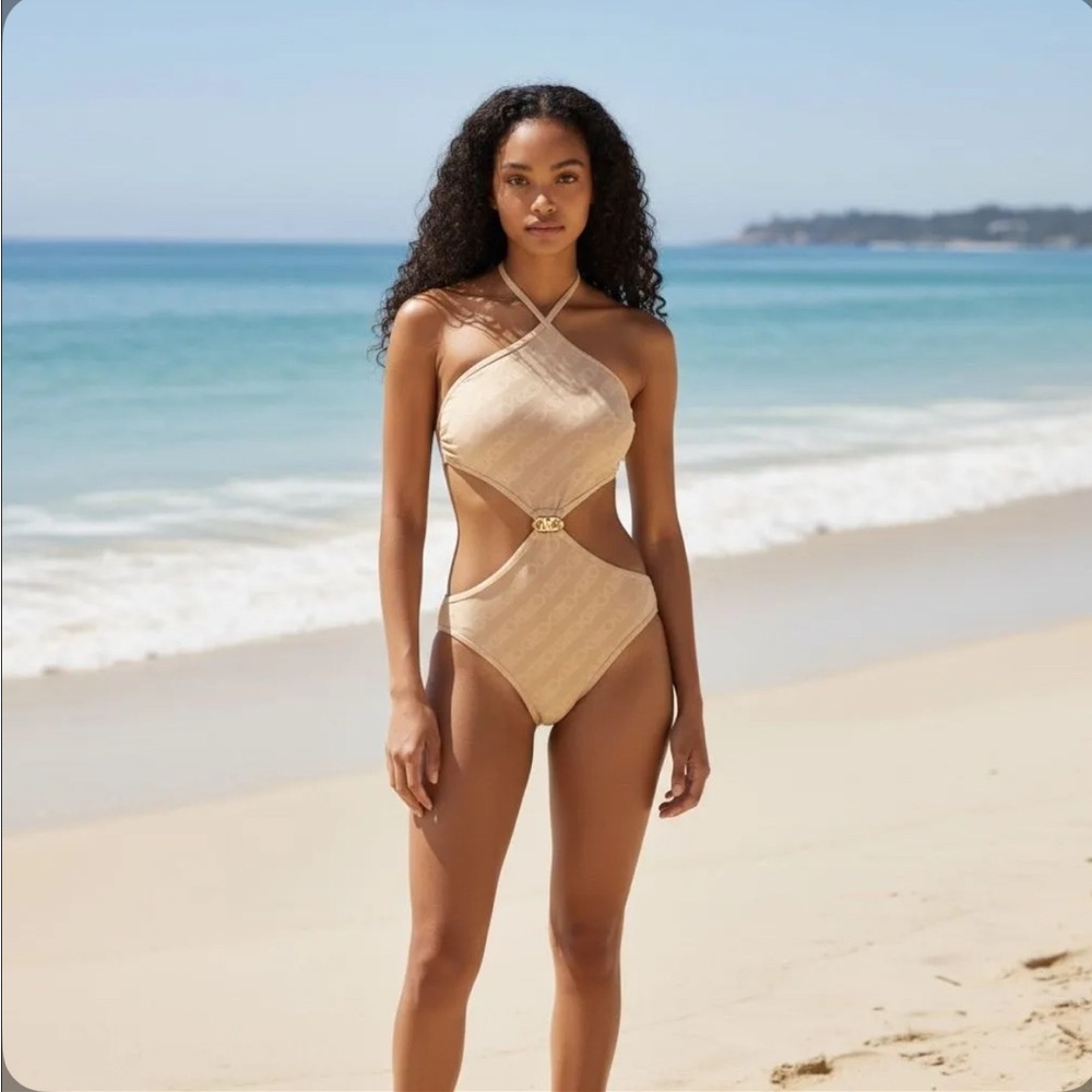 Sz 4 MICHAEL MICHAEL KORS LOGO-PRINT CUT-OUT ONE-PIECE SWIMSUIT NWT $134 MSRP